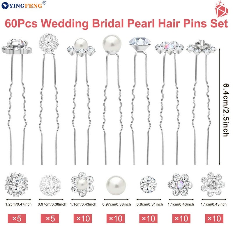 YINGFENG 60 Pcs 7 Styles Silver Bridal Wedding Hair Pins, YINGFENG Flower Hair Clips for Women, U Shaped Crystal Pearl Hair Clips, Suitable for Brides, Bridesmaids, Women's Wedding Hair Accessories - Image 3